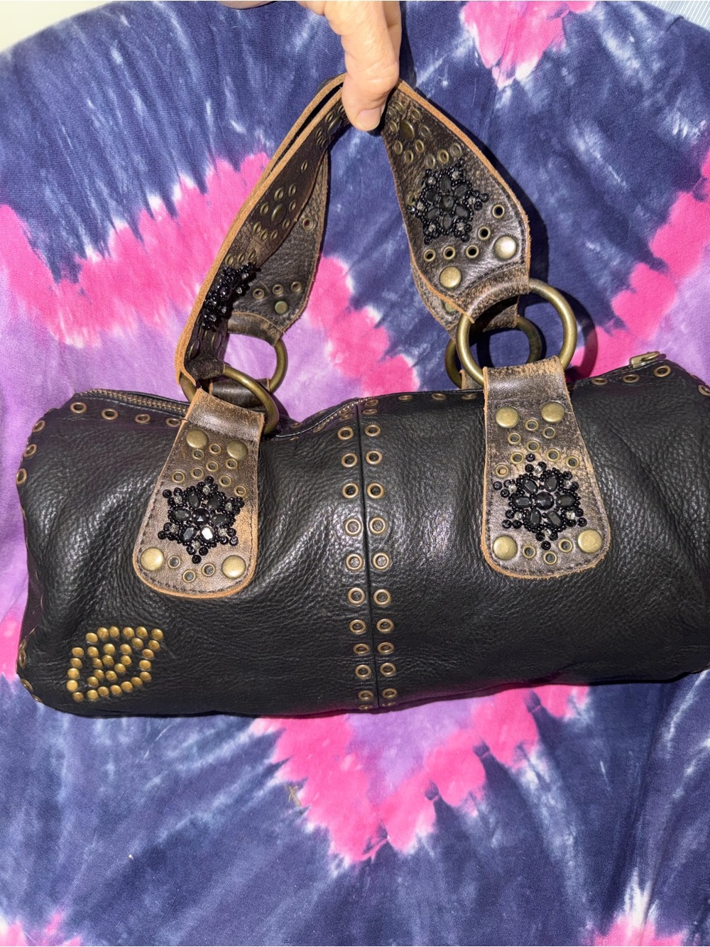 Vintage Betsey Johnson Black Studded Leather Satchel Handbag - Picture 1 of 7